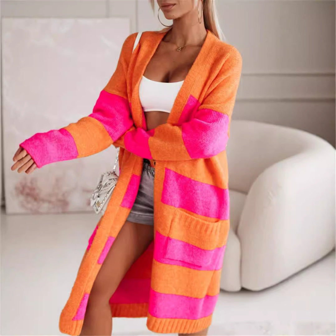 Damen lässiger Strickmantel mit großen Streifen – Veloura