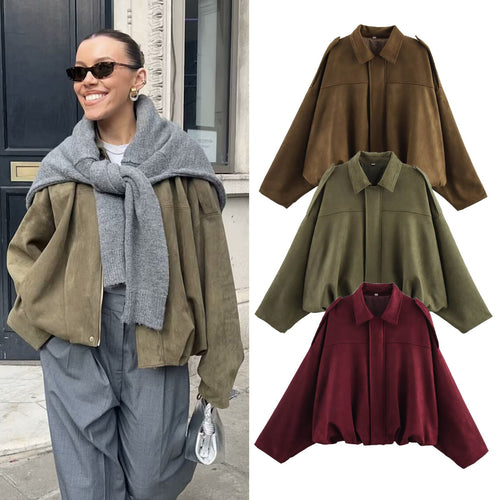 Damen Oversize-Suedejacke mit Schulterklappen, verdeckter Knopfleiste und elastischem Saum Echo Archiv