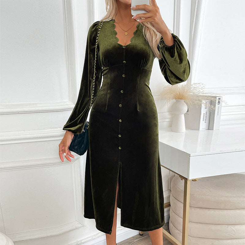 Damen Samt-Midikleid mit Wellenkante am V-Ausschnitt, dekorativer Knopfleiste und seitlichem Beinschlitz Echoarchiv