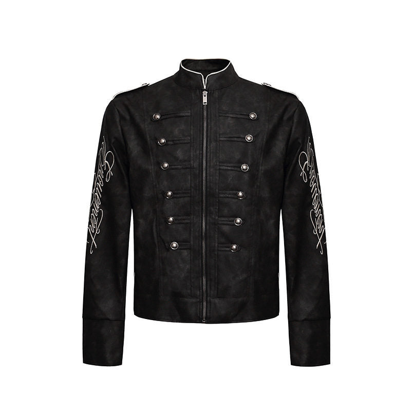 Herren Military-inspirierte Lederjacke mit Stehkragen, Zierknopfreihen und bestickten Ärmeln Echoarchiv