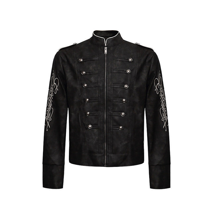 Herren Military-inspirierte Lederjacke mit Stehkragen, Zierknopfreihen und bestickten Ärmeln Echoarchiv