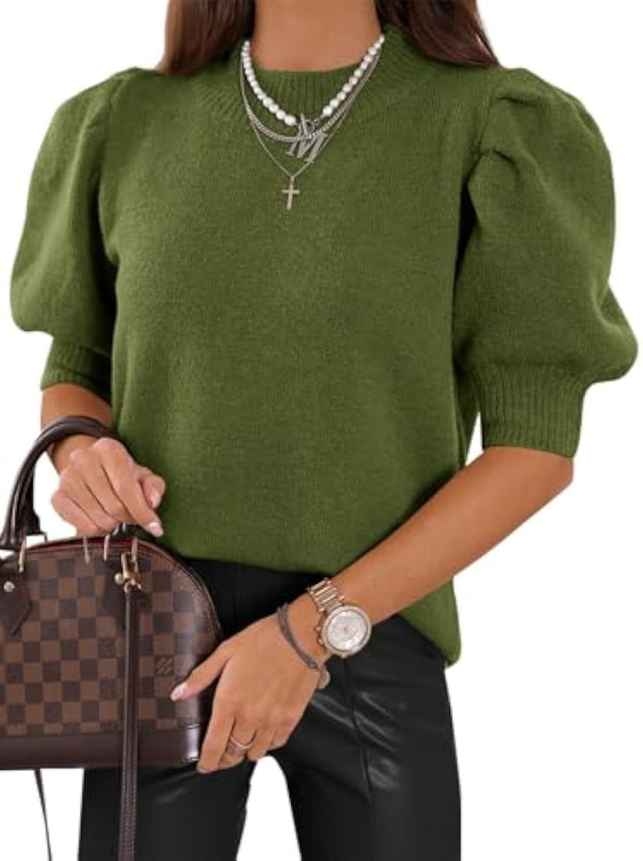 Damen Kurzgeschnitteter Feinstrickpullover mit Puffärmeln und Rippbündchen – Mavelle