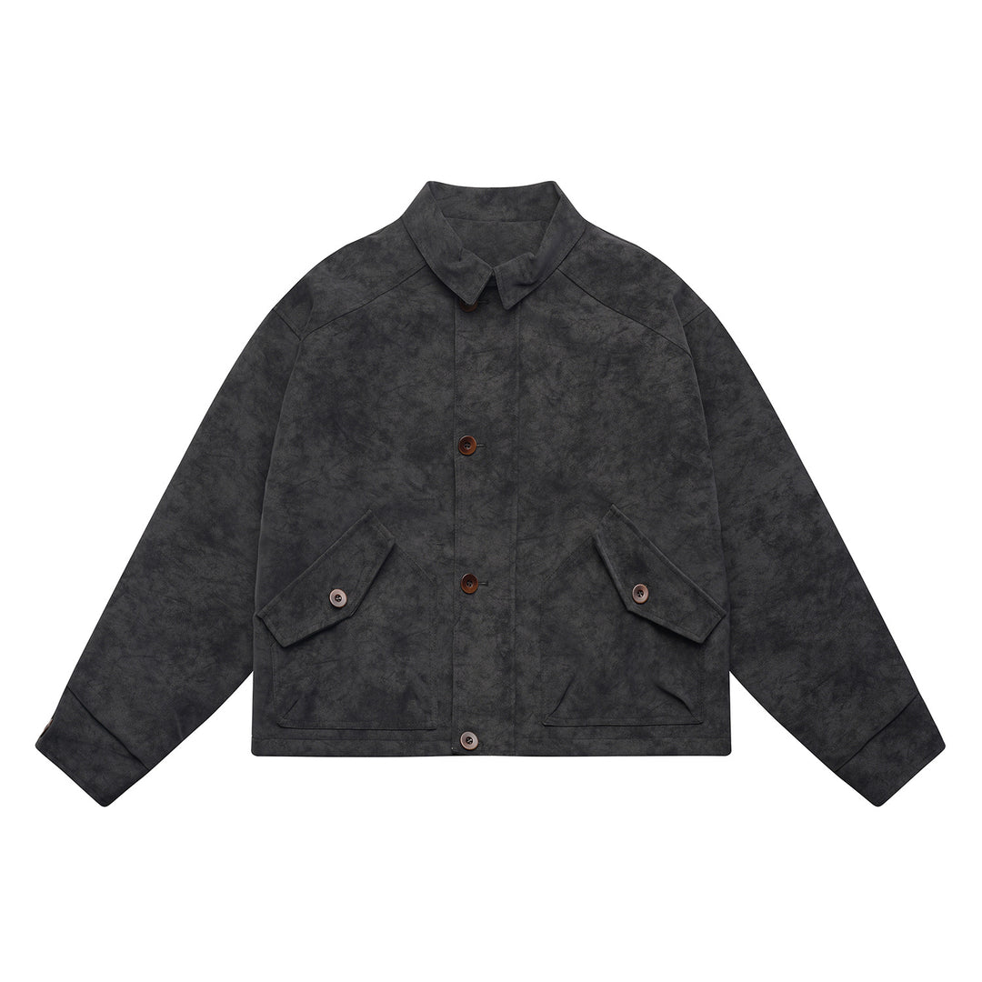 Herren Kurz geschnittener Suede‑Optik Blouson mit aufgesetzten Klappentaschen und Hemdkragen Echoarchiv