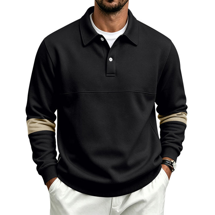 Herren Langärmeliges Poloshirt-Sweatshirt mit verdeckter Knopfleiste, Brustnaht und Kontraststreifen – Cavello