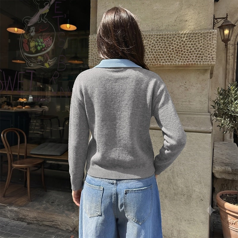 Damen Modischer V-Ausschnitt Pullover mit Kragen Echo Archiv