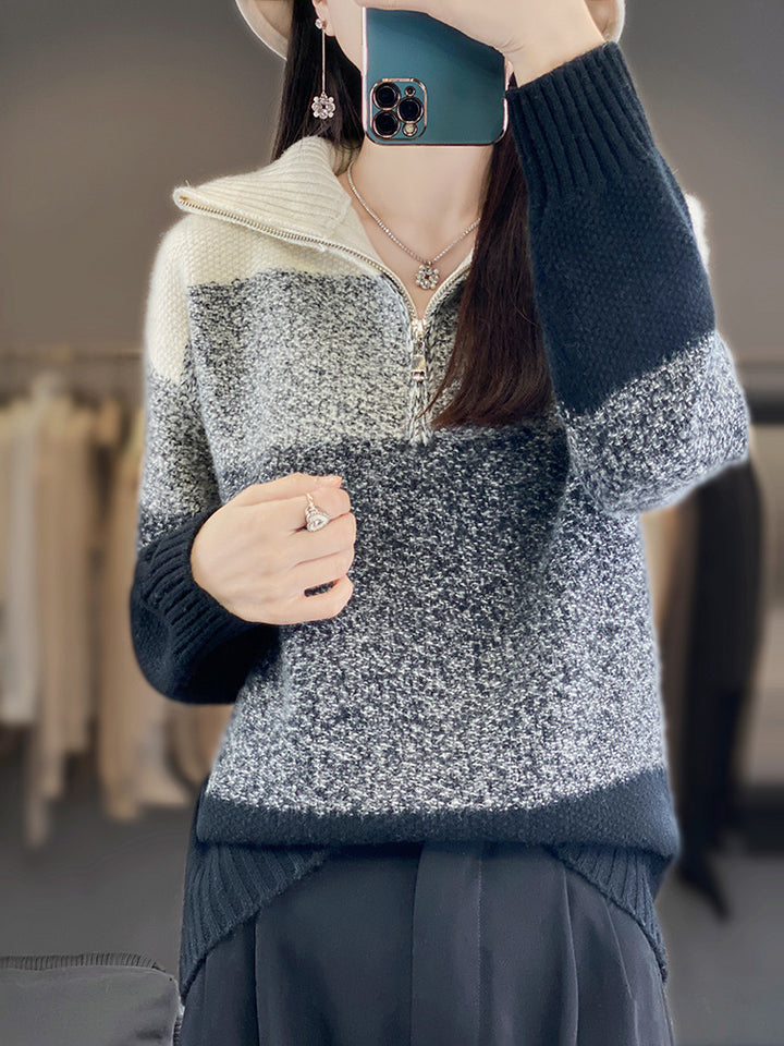 Damen Oversize-Strickpullover mit halbem Zip, meliertem Blockstreifen und weichem Flor Echoarchiv
