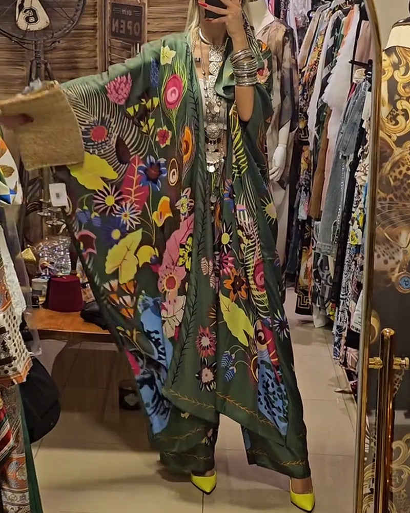 Damen nan extravagantes Maxi-Kaftan-Zweiteiler mit weitem Kimonoärmel, ausgestellter Palazzohose und ausdrucksstarkem Floralprint Echo Archiv