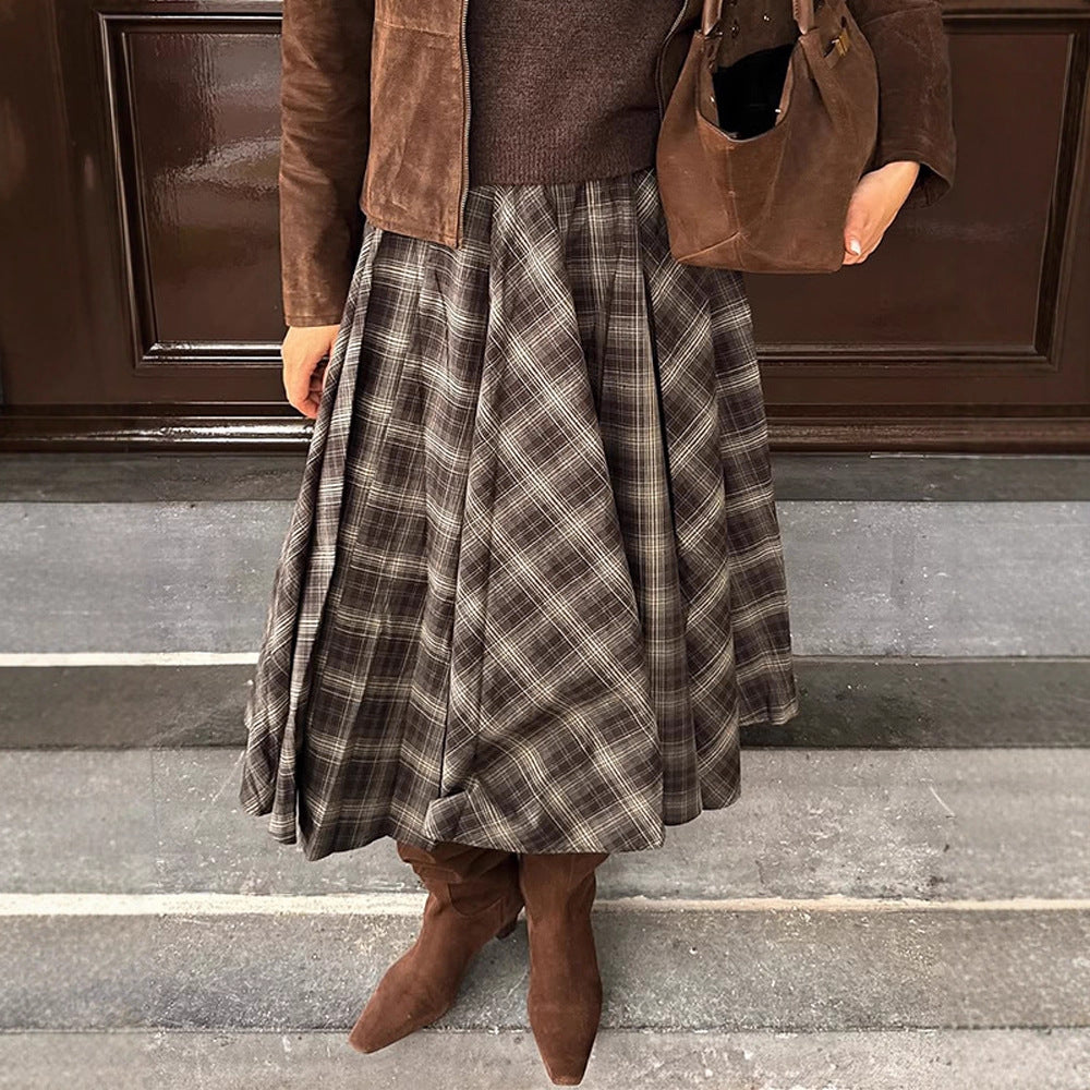 Damen Karierter Midirock mit weitem Tellerfalten‑Schnitt und hoher Taille Echoarchiv