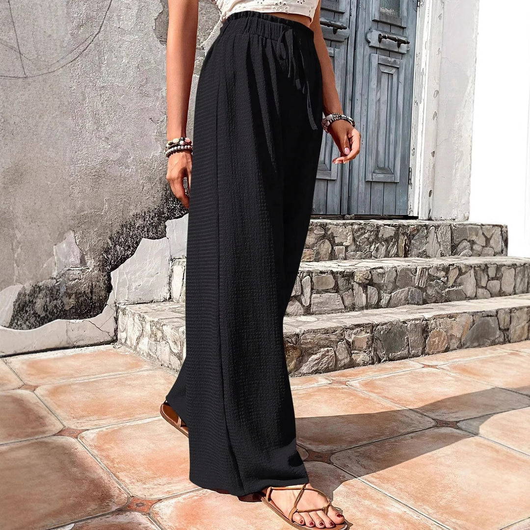 Damen Leichte Palazzo-Loungehose mit strukturierter Crinkle-Optik, hohem Gummibund und Kordelzug – Avélisse