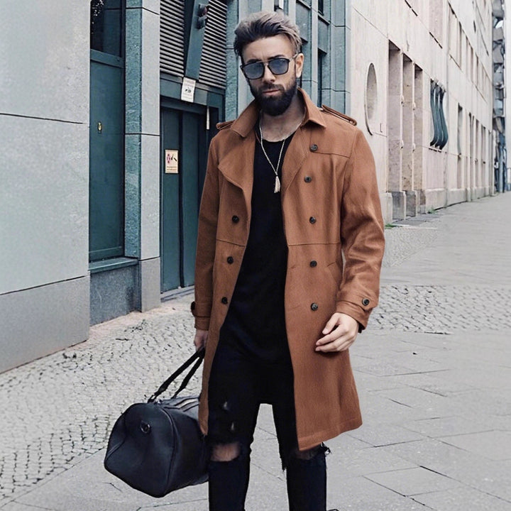 Herren Elegante Suede Trenchcoat mit doppelter Knopfleiste und praktischen Taschen Echoarchiv