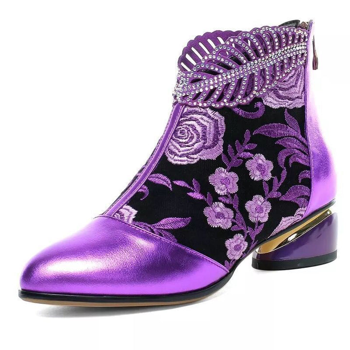 Damen nan bestickte Ankle-Boots mit Samteinsatz Perlenbesatz und skulptiertem Blockabsatz Echo Archiv
