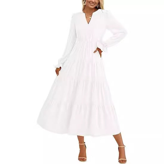 Damen Stufiges Midikleid mit V-Ausschnitt, geraffter Taillennaht und Rüschenmanschetten Echo Archiv