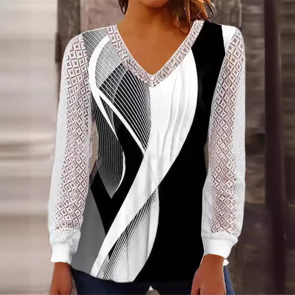 Damen V-Ausschnitt Bluse mit abstraktem Grafikprint und Spitzenärmeln Echo Archiv