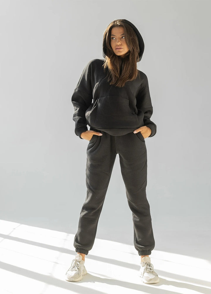 Damen nan zweiteiliges Komfort-Loungewear-Set mit oversized Kapuzenpullover, Kängurutasche und elastischem Knöchel-Jogger aus French Terry Echo Archiv