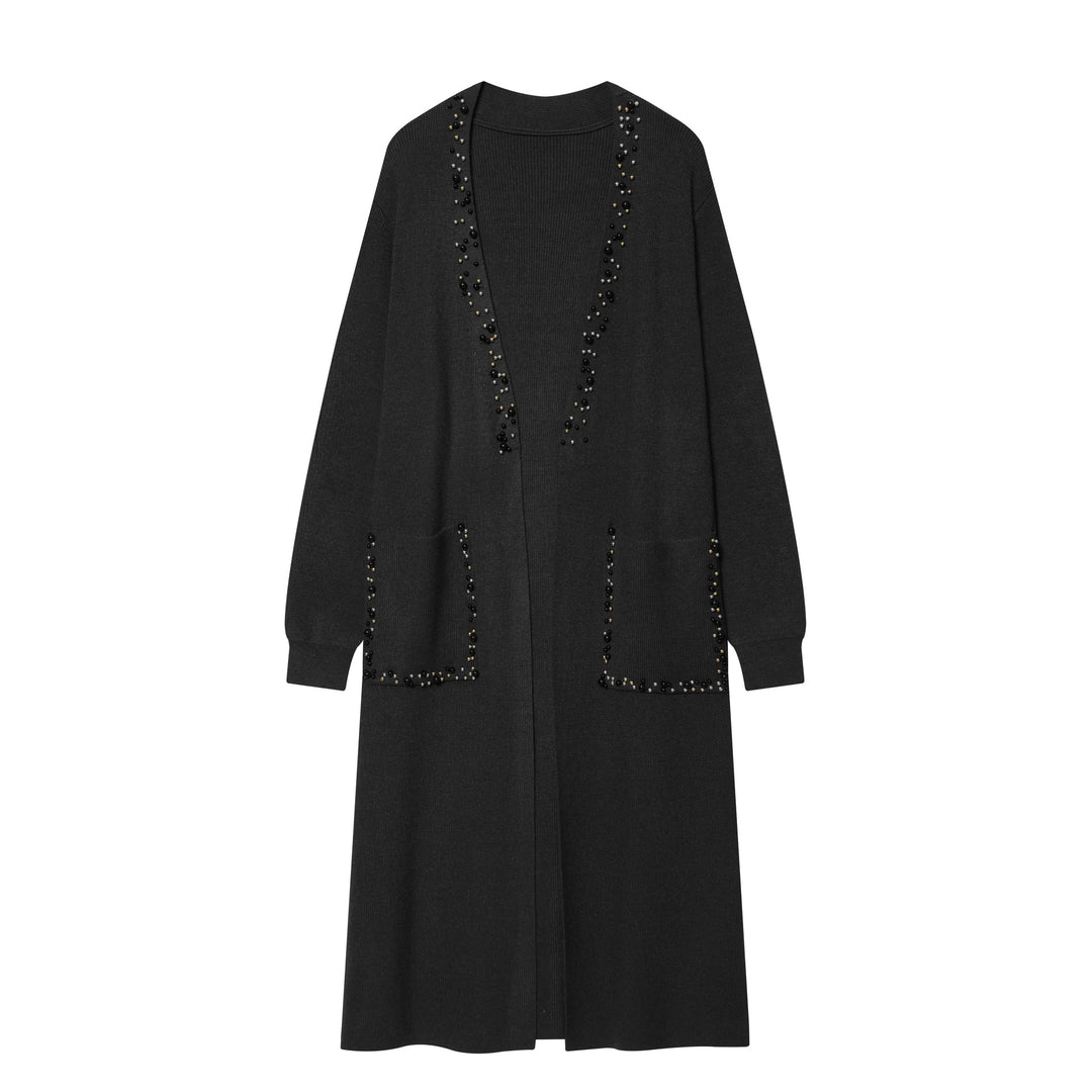 Damen langer Strickcardigan mit Perlenbesatz und aufgesetzten Taschen Echo Archiv