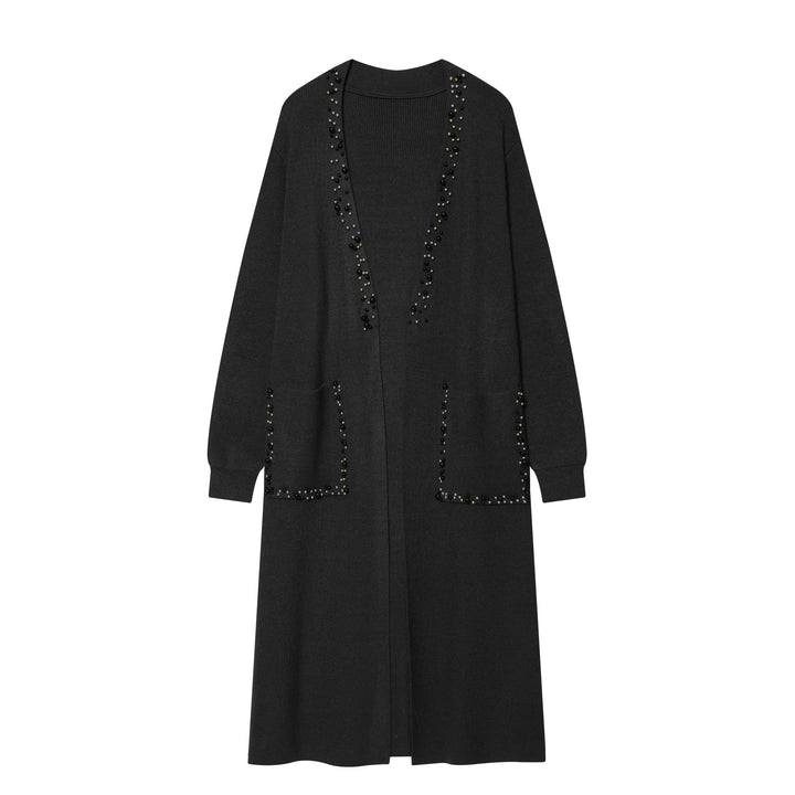 Damen langer Strickcardigan mit Perlenbesatz und aufgesetzten Taschen Echo Archiv