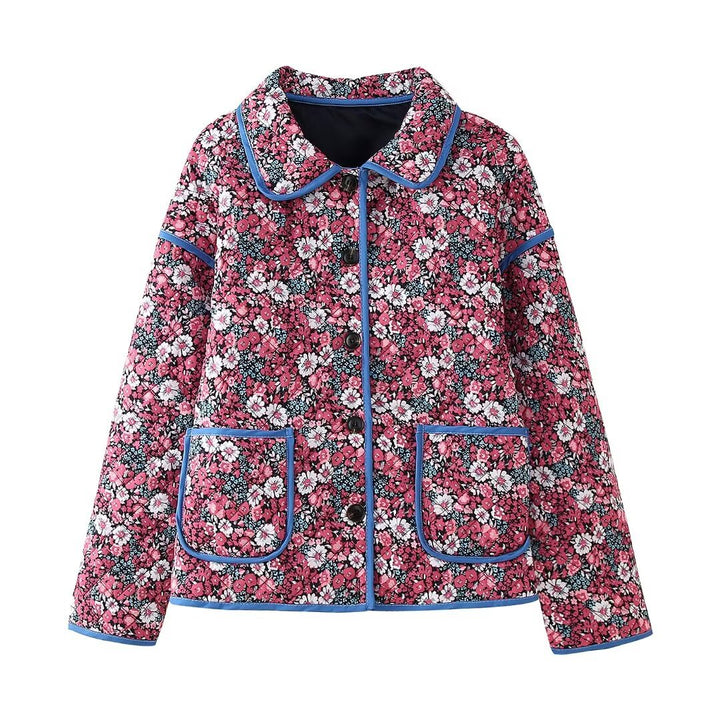 Damen gesteppte Kurzjacke mit floralem Microprint, Rundkragen, kontrastpaspel und aufgesetzten Taschen – Célinea