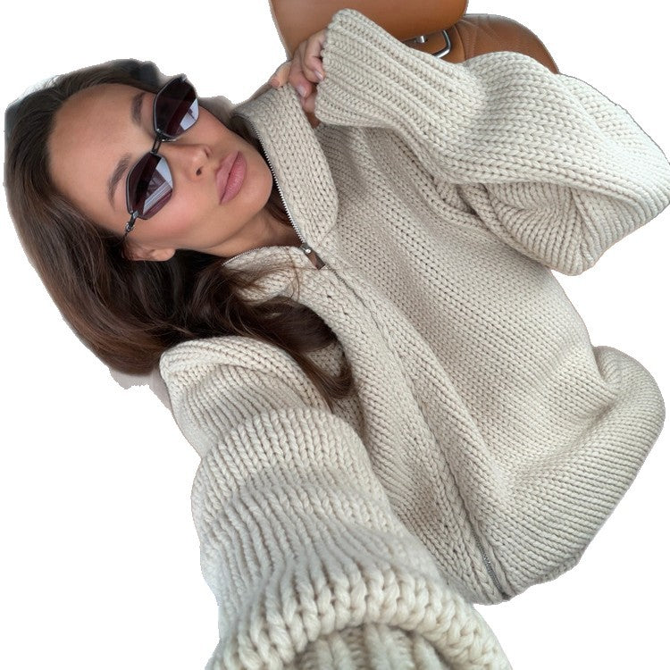 Damen Grobstrick-Zip-Cardigan mit hohem Kragen Echoarchiv