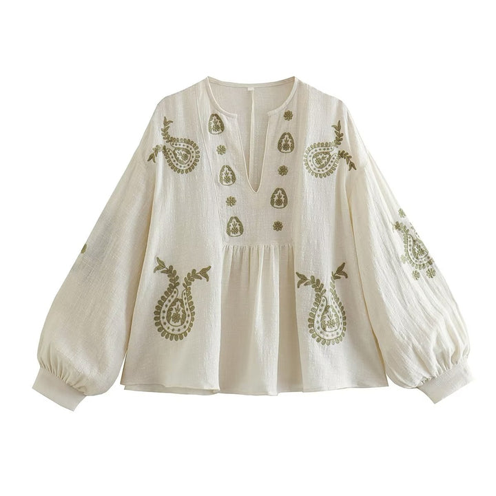 Damen bestickte Baumwoll-Tunika mit weitem Fall, Paisley-Motiven und Ballonärmeln Echo Archiv