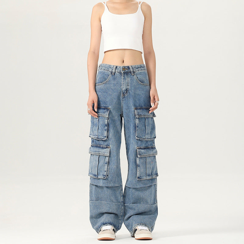 Damen Weite Cargo-Denimhose mit mehreren Klappentaschen und Baggy‑Silhouette Echo Archiv