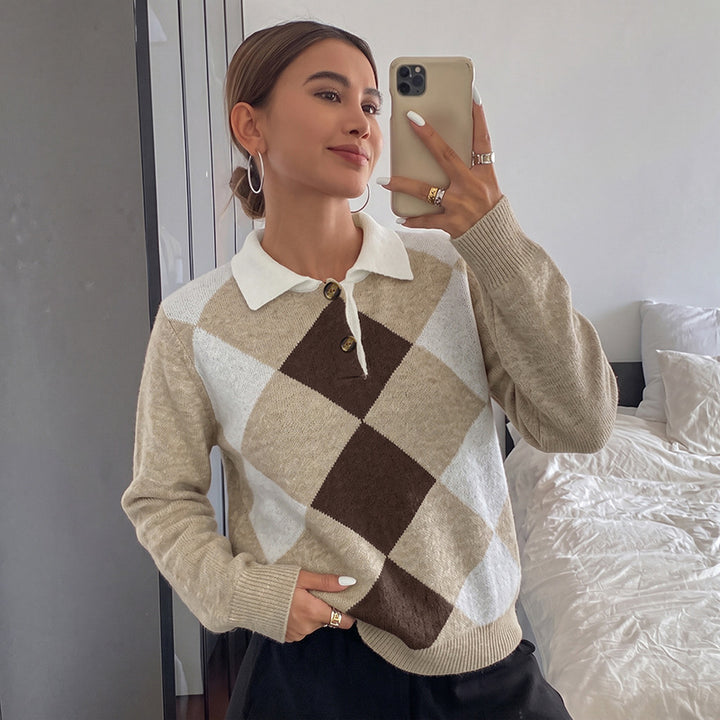 Damen Elegante Strickbluse mit Polo-Kragen und Karomuster Echo Archiv