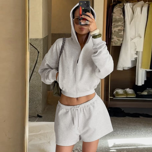 Damen nan kurzes Kapuzen-Hoodie und Drawstring-Shorts Lounge-Set mit durchgehendem Reißverschluss und taillenhohem Bindebund Echo Archiv