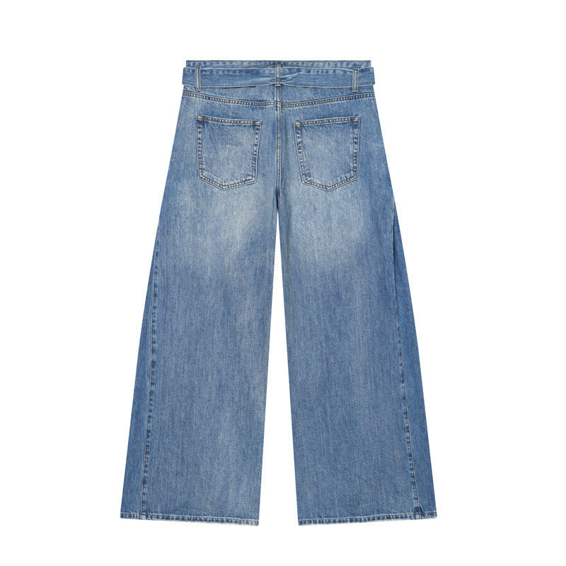 Damen Weite Denim-Hose mit seitlichen Falteneinsätzen, High‑Waist und Taillengürtel Echo Archiv