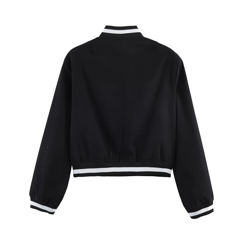 Damen nan kurzgeschnittene Bomberjacke im Varsity-Stil mit Rippbündchen und Druckknopfverschluss Echo Archiv