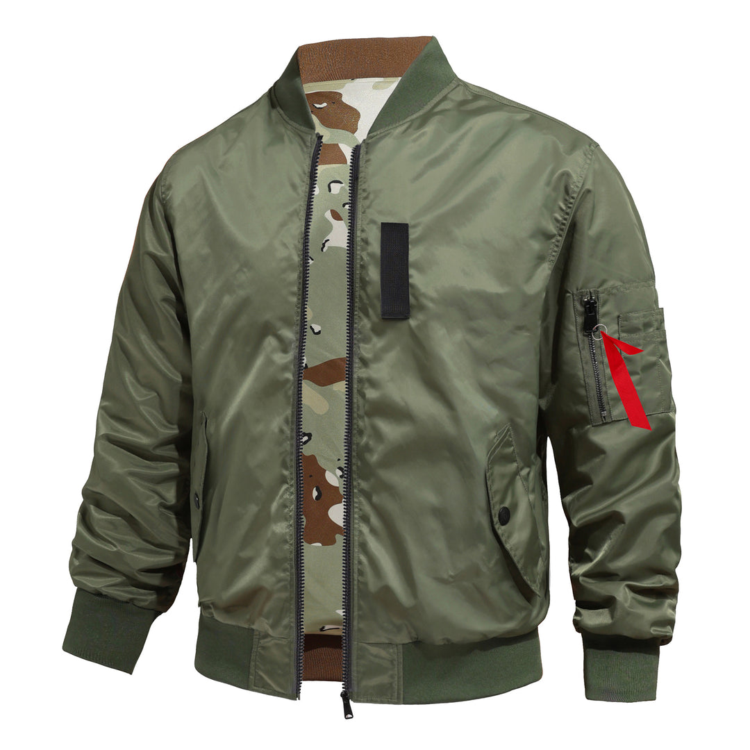 Men's pilot-style MA-1 bomber jacket with camo inner tape and sleeve zip utility pocket – Brevano
