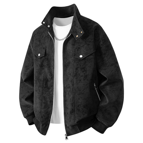 Herren Velours-Imitat Übergangsjacke im Bomberstil mit Stehkragen, Druckknopfleiste & elastischen Bündchen Echoarchiv