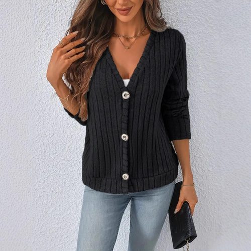 Damen nan gerippter V-Ausschnitt Strickcardigan mit dekorativen Knöpfen, leicht überschnittener Schulter und kastigem Saum Echo Archiv