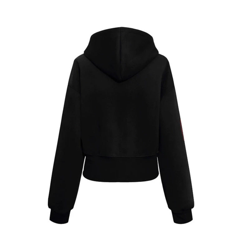 Damen Kurz geschnittene Zip-Hoodie aus French Terry mit gepunkteter Kapuzenfütterung und Wappen-Stick Echoarchiv