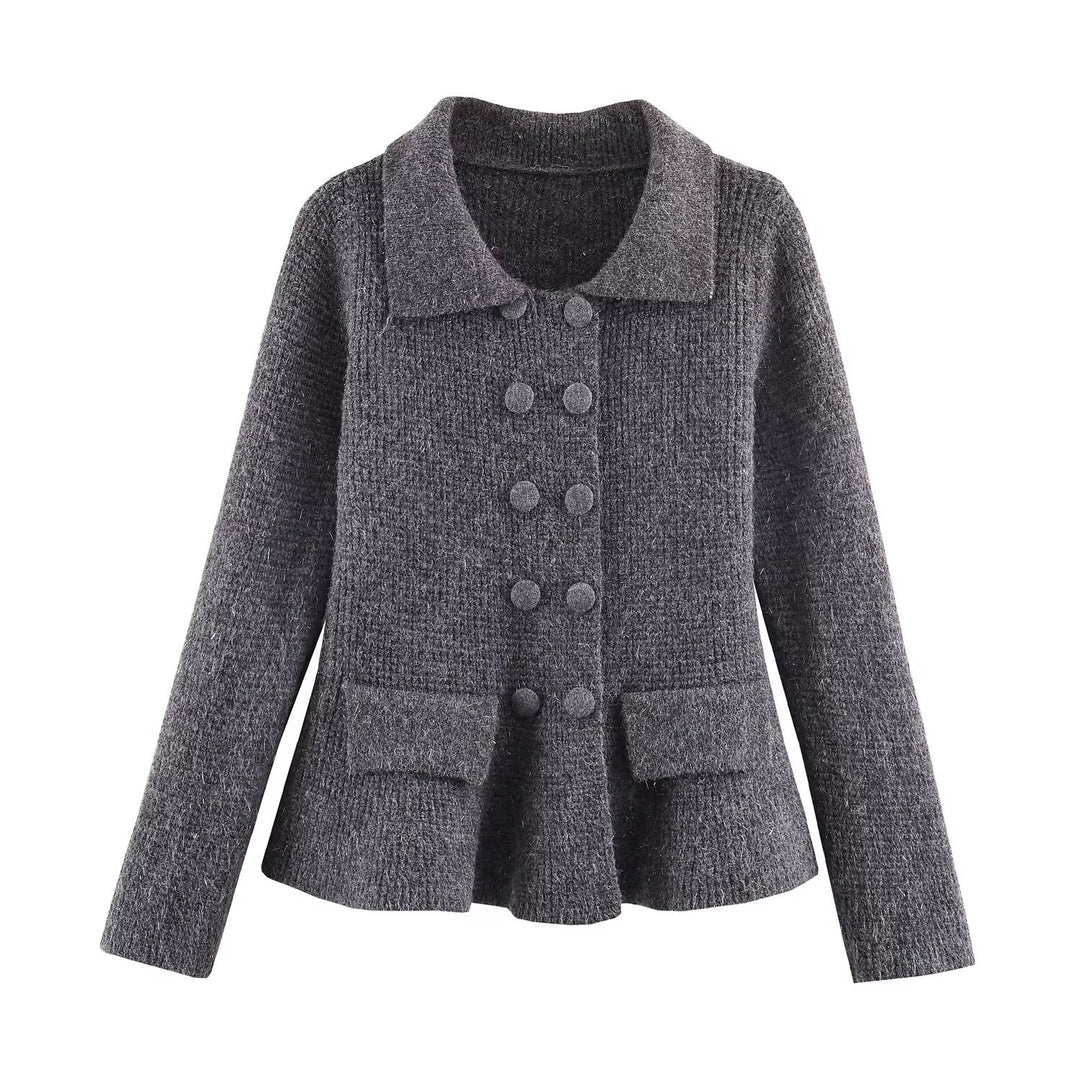 Damen Doppelreihige Bouclé-Jacke mit Schößchen, aufgesetzten Taschen und Hemdkragen Echoarchiv