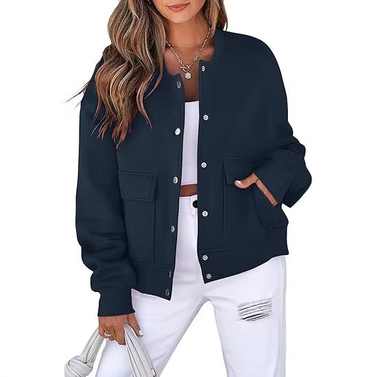 Damen lässige Oversize-Bomberjacke aus Sweatstoff mit Druckknopfleiste und aufgesetzten Taschen Echo Archiv
