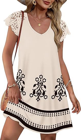 Damen Sommerkleid mit eleganten Spitzenärmeln und floralem Muster Echo Archiv