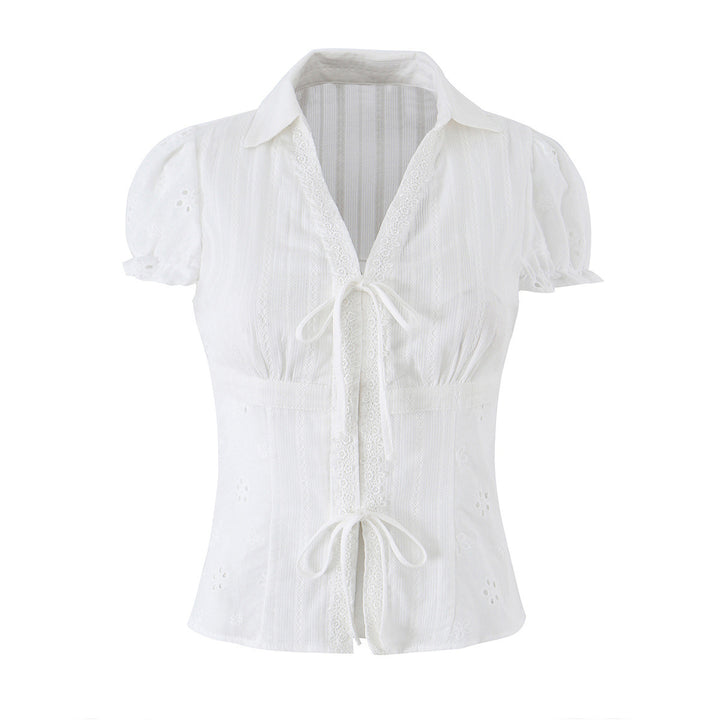 Damen Broderie-Anglaise Bluse mit Puffärmeln, Taillenbetonung und vorderer Bindung Echo Archiv