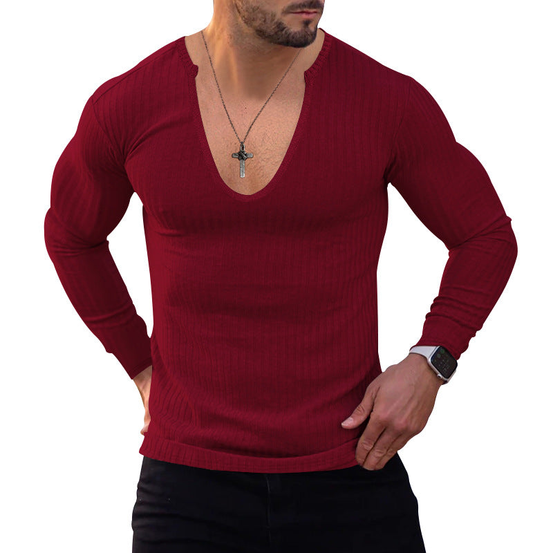 Herren Langarm-Henley-Shirt mit tiefem V-Ausschnitt und strukturiertem Gewebe Echoarchiv
