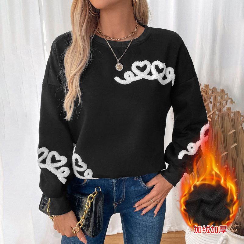 Damen Oversize-Sweatshirt mit Chenille-Herzapplikation und geripptem Saum Echoarchiv