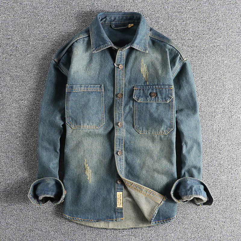 Herren Denim-Hemdjacke im Used-Look mit aufgesetzten Brusttaschen und Knopfleiste Echoarchiv