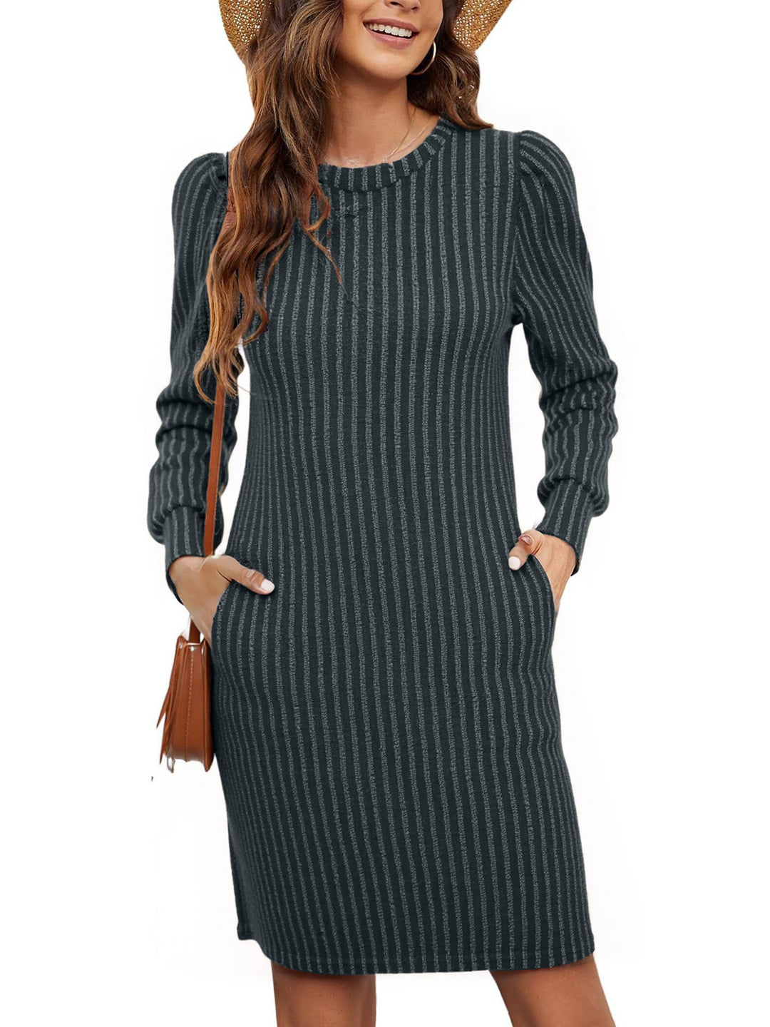 Damen gestricktes A-Linien Strickkleid mit Puffärmeln – Élara