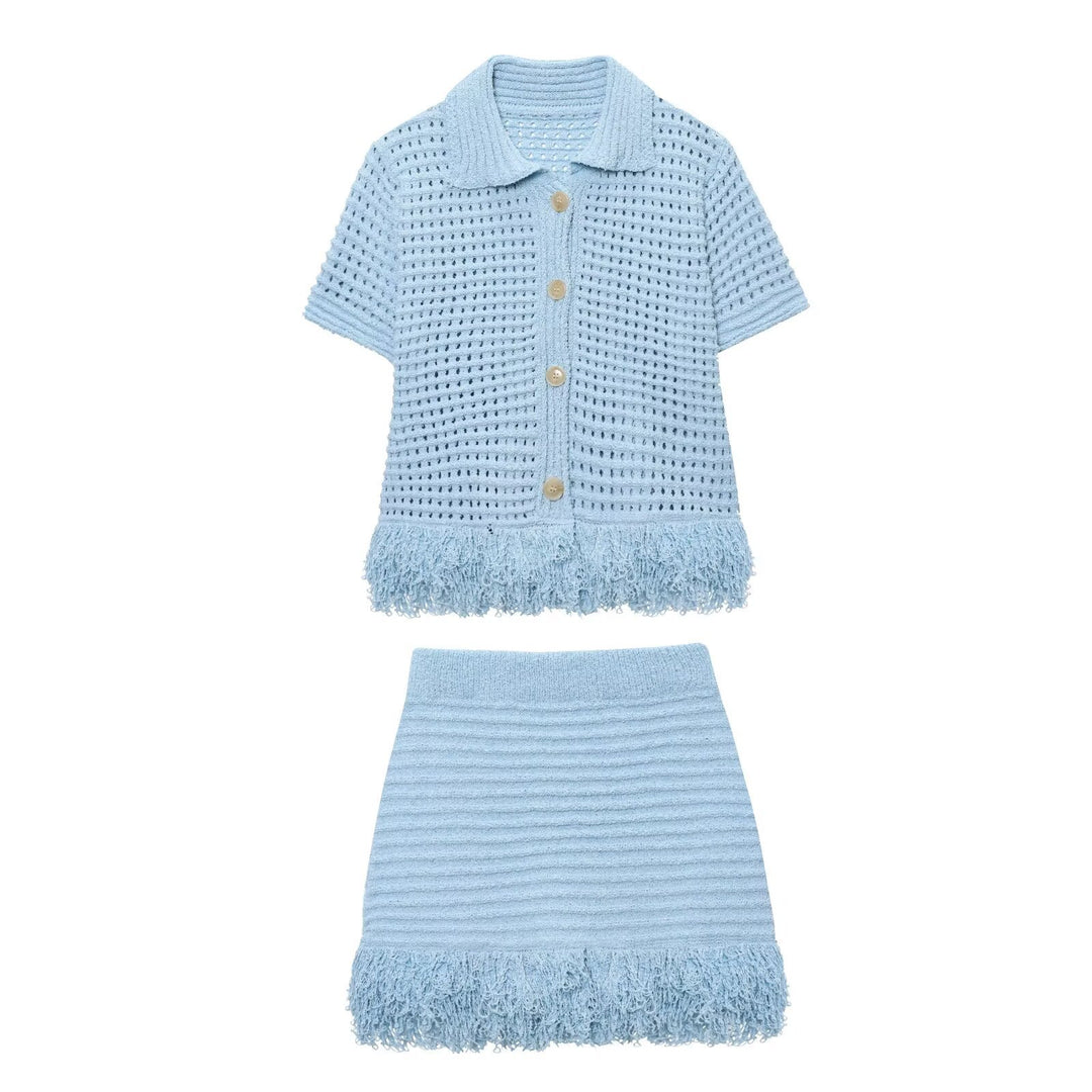 Damen Kurzarm-Strickjacke mit fransigem Saum und dekorativen Knöpfen Echo Archiv
