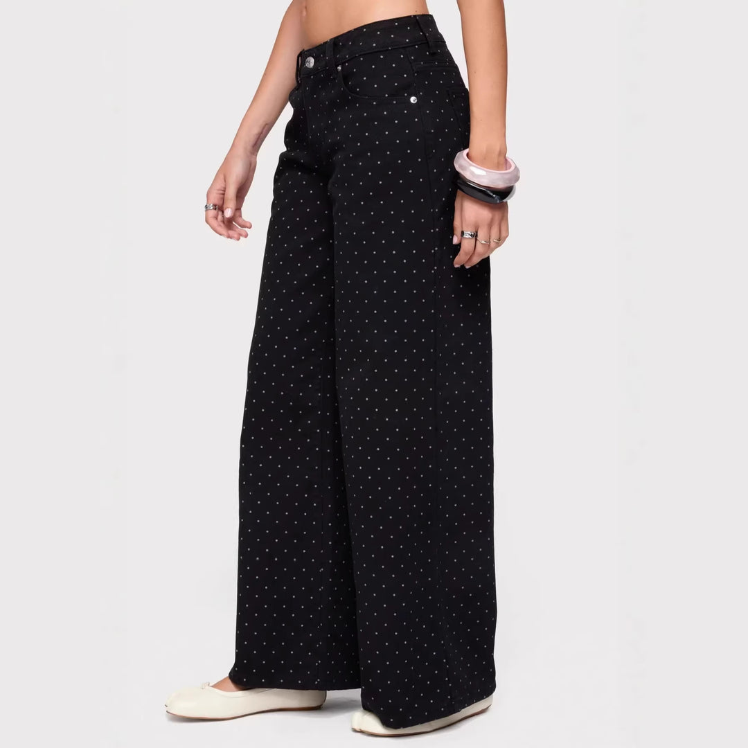 Damen nan hochgeschnittene weite Denimhose mit durchgehendem Punktmuster und klassischem Taschen-Design Echo Archiv