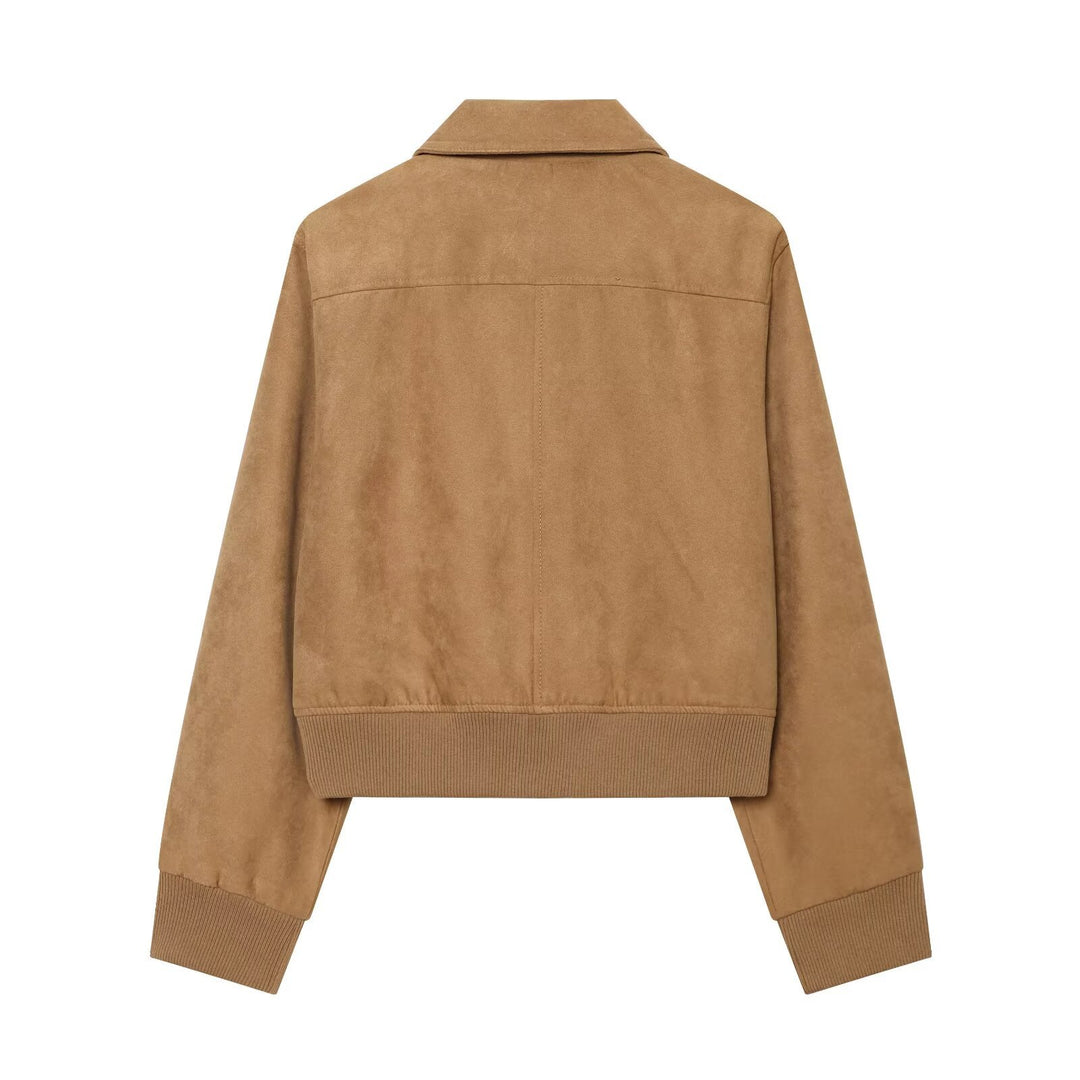 Damen Kurzer Veloursleder‑Blouson im Boxy‑Schnitt mit Hemdkragen, Klappentaschen und breitem Rippbund Echo Archiv
