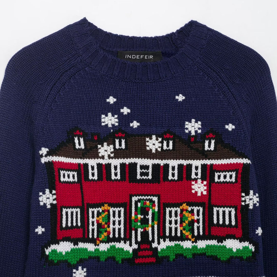 Damen Cropped-Weihnachtspullover mit Intarsia-Hausmotiv und Rundhalsausschnitt Echoarchiv