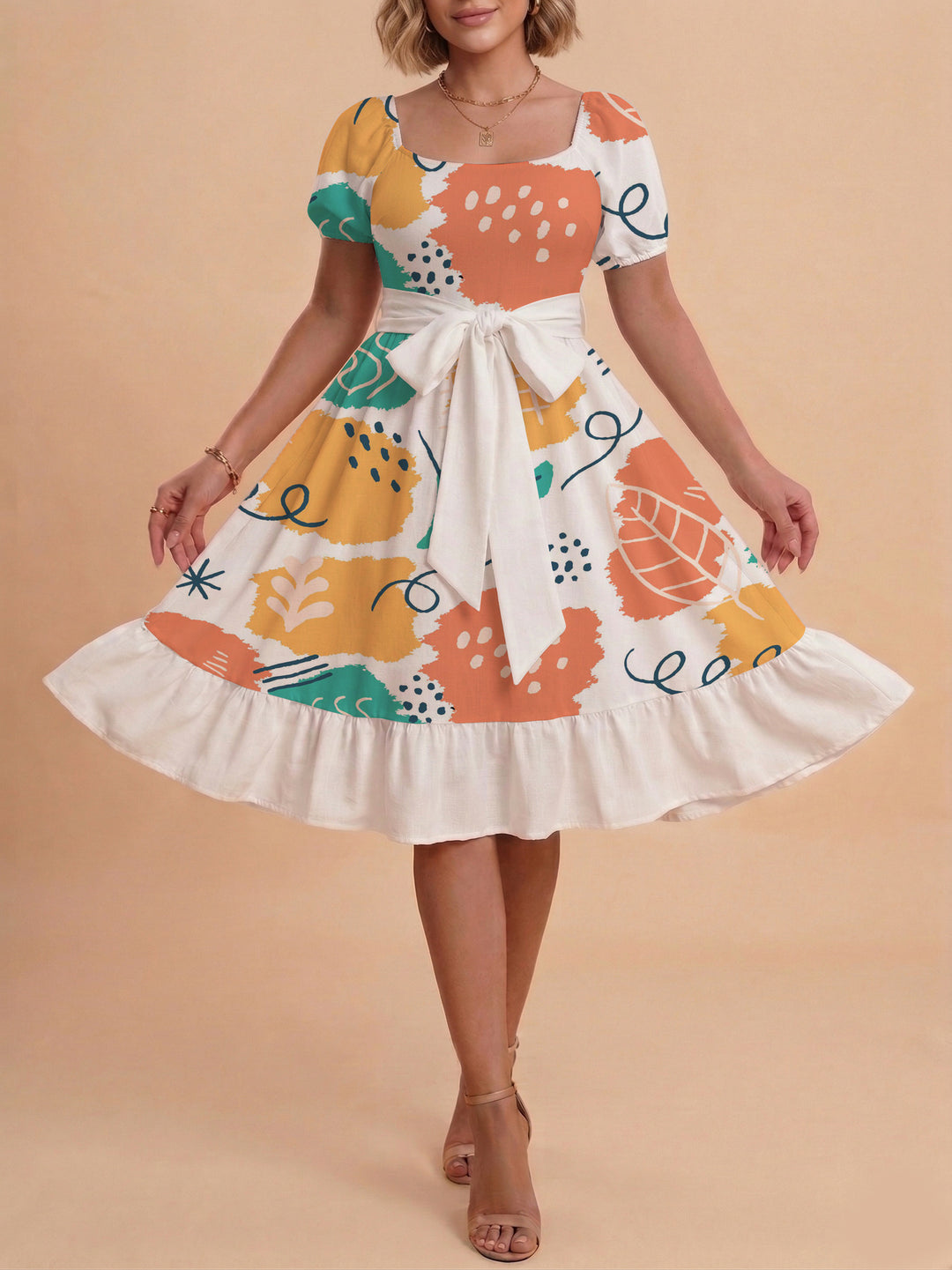 Damen Sommerkleid mit floralem Puffärmel und taillierbarem Gürtel Echo Archiv