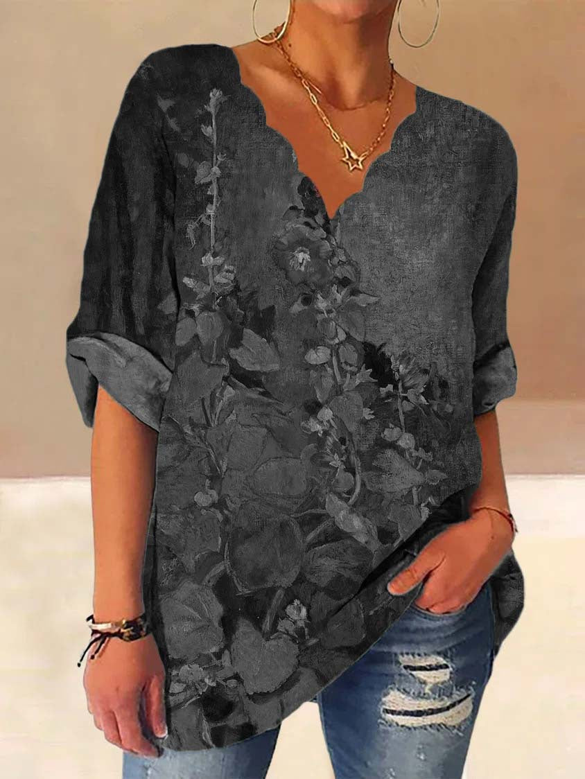 Damen Lockere Bluse mit Welligem V-Ausschnitt und Aquarell Floral Print – Élovi