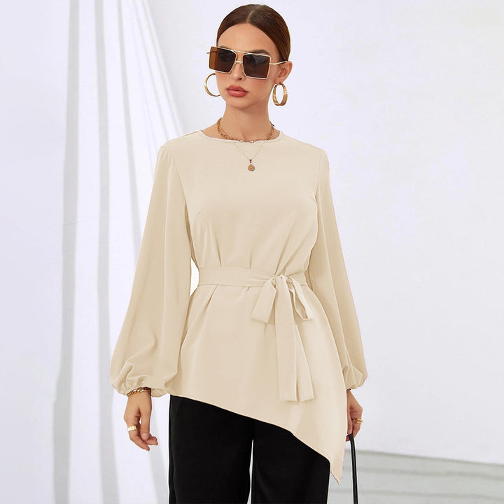 Damen asymmetrische Tunika-Bluse mit Ballonärmeln und Taillengürtel – Élovi