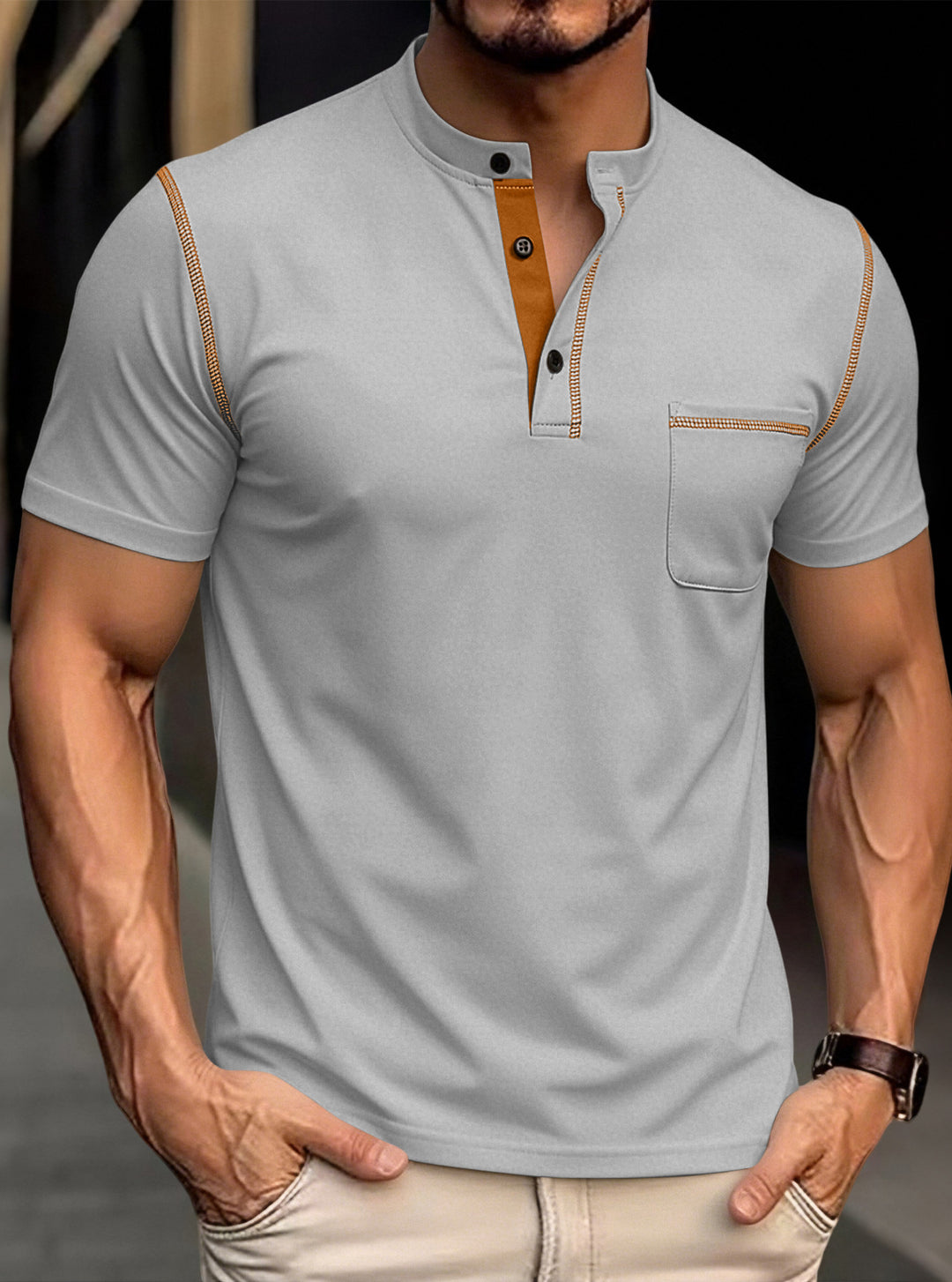 Herren nan modernes Kurzarm-Henley mit Stehkragen, Kontrastnähten und aufgesetzter Brusttasche Echo Archiv