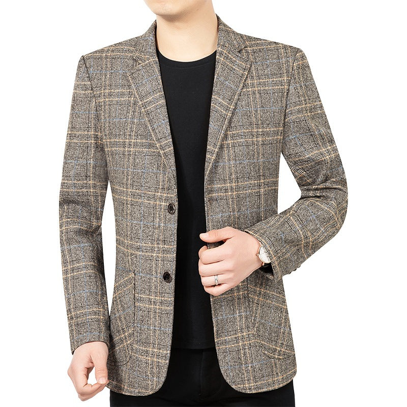Herren Kariertes Slim-Fit Sakko mit strukturiertem Wollmix und aufgesetzten Taschen – Tianoro