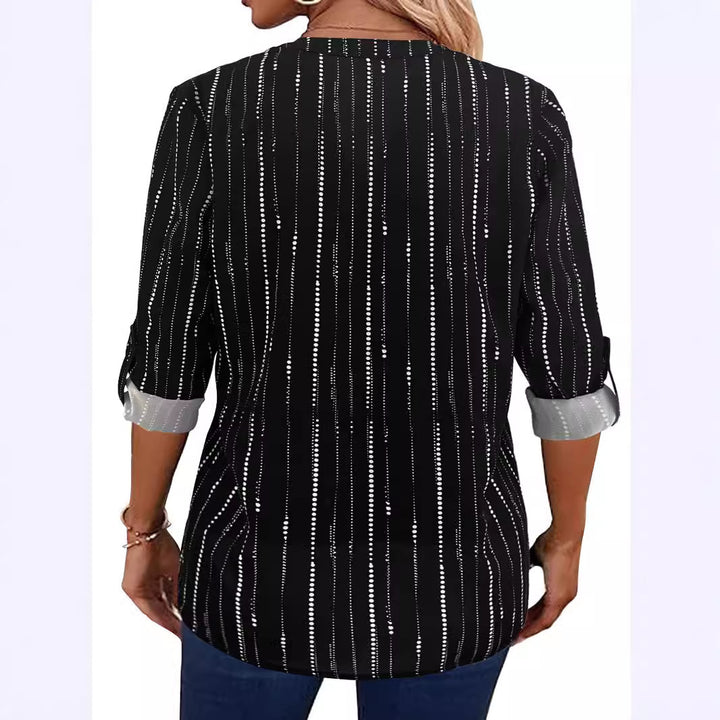 Damen Leichte Viskose-Bluse mit Stehkragen, Reißverschluss und vertikalem Punktstreifen – Élovi